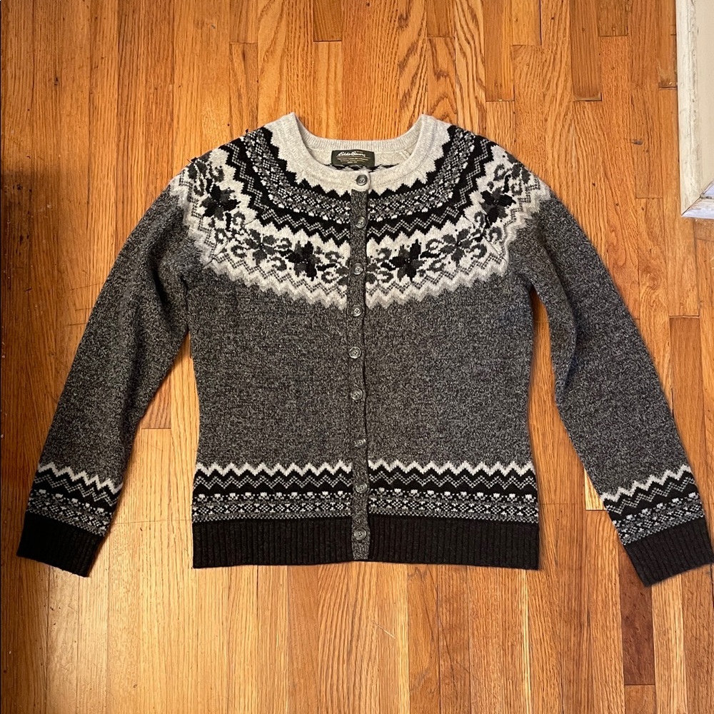 Eddie Bauer Black and Gray Patterned Cardigan